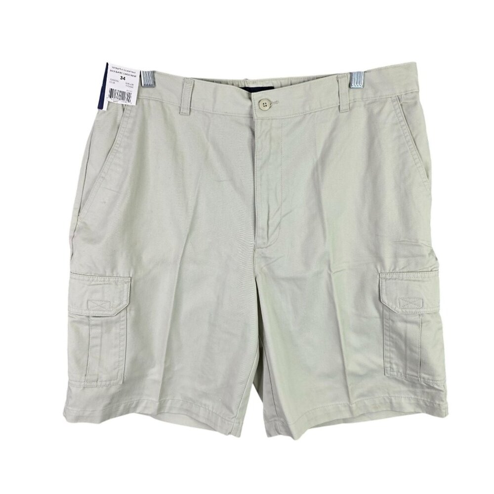 Mens Puritan Beige Cargo Shorts 9" Inseam Back Elastic Waist Cotton Blend 34